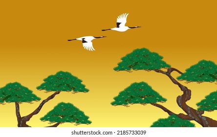 Japanese style illustration of running water, cranes and pine trees on a gold leaf background