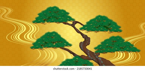 Japanese style illustration of running water and old pine tree on gold leaf background