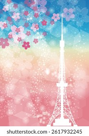 Japanese style illustration of spring Japanese image: Sakura flurry and Tokyo Tower