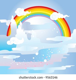 japanese style inspired vector illustration of mountain spring scene with rainbow