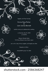 Japanese style invitation design. Spring hand-drawn vector illustration. Sakura, cherry blossom chalk drawing. Minimalist greeting card template. NOT AI generated