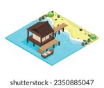 Japanese style isometric beach with water house, rocks, boat and vegetation.vector illustration isolated on white background.