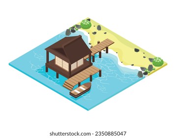 Japanese style isometric beach with water house, rocks, boat and vegetation.vector illustration isolated on white background.