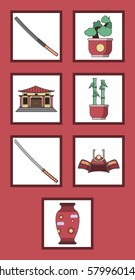 Japanese style, katan, bonsai, tree, vase, pot, bamboo, ancient temple, swords, helmet, vector image, flat design, outline style
