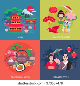 Japanese style kimono and traditional food symbols 4 flat icons square colorful banner abstract isolated vector illustration