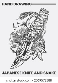 Japanese style knife and snake tattoo design with cherry blossom