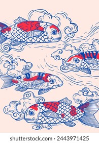 Japanese style koi ( carp fish) in splash of water hand drawing vector illustration. Traditional color vintage fish and wave.