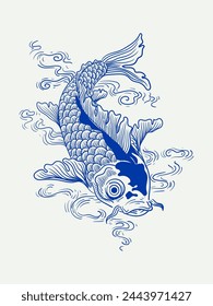 Japanese style koi ( carp fish) in splash of water hand drawing vector illustration. Traditional color vintage fish and wave.