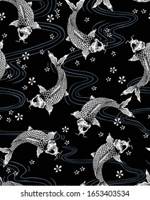 Japanese style koi carps seamless pattern. 