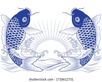 Doppelfisch Symbol in Wellen und Sonnenlicht, chinesischer Vektorgrafik. Chinesisches Grußkartendesign, Glück, Glück, Reichtum.