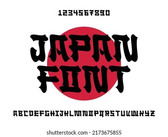 Japanese style Latin font design, alphabet letters and numbers vector illustration