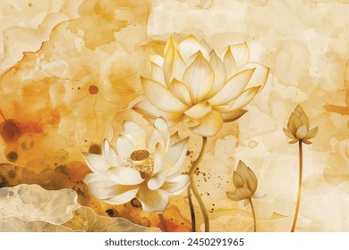 Patrón floral de arte de línea de estilo japonés con flores de loto tropical exótico flor de acuarela, hojas y líneas de oro sobre fondo de acuarela. Vector botánico hermoso fondo ilustración de Fondo de pantalla