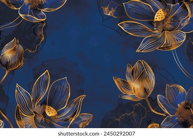 Japanese style line art floral pattern with watercolor blossom exotic tropical lotus flowers, leaves and gold lines on blue background. Vector botanical beautiful backdrop wallpaper illustration.