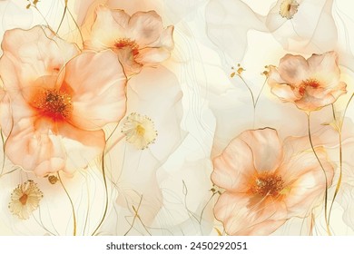 Estilo japonés arte de línea floral rosa patrón con flores de amapolas de flores de acuarela, hojas y líneas de oro sobre fondo de acuarela. Vector botánico hermoso fondo de amapola ilustración de Fondo de pantalla.