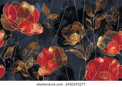 Japanese style line art floral pattern with watercolor blossom red poppy flowers, leaves and gold lines on dark spotty watercolor background. Vector botanical beautiful poppies wallpaper illustration.