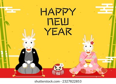 Japanese style New Year's card for the year of the dragon 2024, Kimono dragon (serpent) and background of bamboo, Vector Illustration