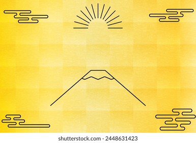 Japanese style New Year's card for 2025, simple line drawing of Mt. Fuji and the first sunrise of the year with gold foil background - Translation: Thank you again this year.