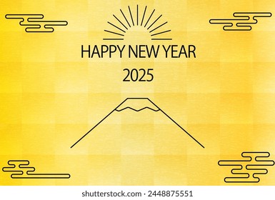 Japanese style New Year's card for 2025, simple line drawing of Mt. Fuji and the first sunrise of the year with gold foil background - Translation: Thank you again this year.