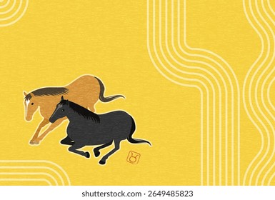 Japanese style New Year's card for the year 2026, horse lying down, simple isometric illustration - Translation: Happy New Year, thank you again this year horse