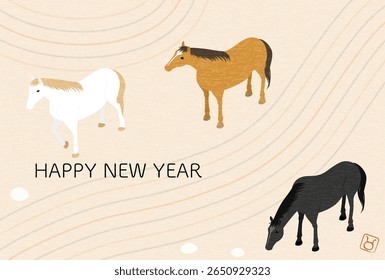 Cartão de Ano Novo estilo japonês para o ano 2026, cavalo e karesansui, ilustração isométrica simples de um cavalo e karesansui - Tradução: Feliz Ano Novo cavalo