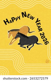 Cartão de Ano Novo estilo japonês para o ano 2026, cavalo deitado, ilustração isométrica simples - Tradução: Feliz Ano Novo, obrigado novamente este ano cavalo