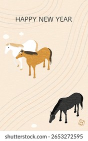 Japanese style New Year's card for the year 2026, horse and karesansui, simple isometric illustration of a horse and karesansui - Translation: Happy New Year horse