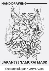 Japanese style oni mask tattoo design with cherry blossom