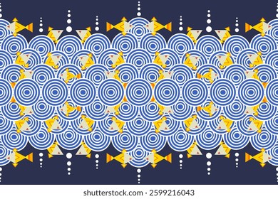 A Japanese - style pattern featuring ocean waves a school of fish and a nighttime sky