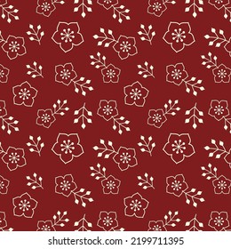 Estilo japonés Patrón de flores de ciruela sobre fondo rojo.