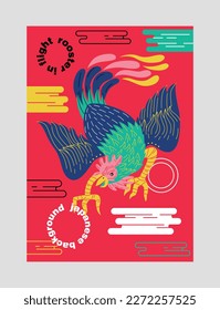 Japanese style poster. Colorful Asian wall art with rooster abstract geometric shapes and inscriptions. Oriental design element for cover. Cartoon flat vector illustration isolated on gray background