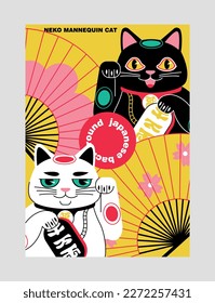 Japanese style poster. Colorful retro banner in oriental style with neko cat mannequins and fans. Traditional Asian symbol. Cover design. Cartoon flat vector illustration isolated on gray background