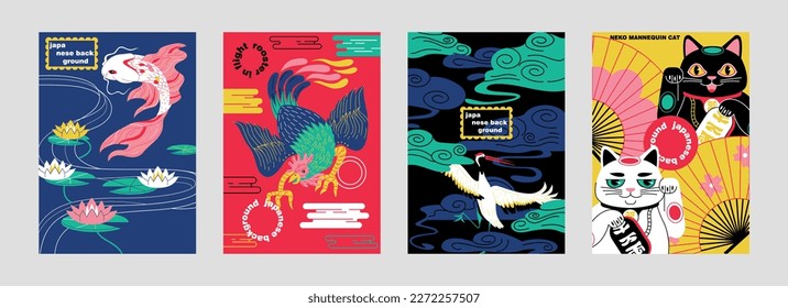 Japanese style poster set. Elegant wall art with fish, water lilies, crane, rooster and neko cat mannequin. Decorative design elements for covers. Cartoon flat vector collection isolated on gray