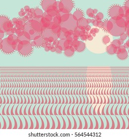 Japanese style poster with Sun above the ocean in pink and blue shades