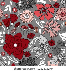 Japanese style print. Seamless floral pattern with blooming asters, chrysanthemums and other flowers. Oriental textile collection. On grey background.