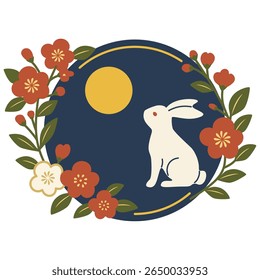 Estilo Japonês Coelho Gazing na Lua Cheia com Flores de outono


