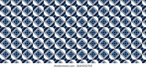 Japanese style  repeating geometric pattern with interlocking squares and diamonds in navy blue, light gray-blue, and off-white tones