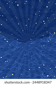 Fondo de Ilustración vectorial retro de estilo japonés, ondas azules y patrón de luz