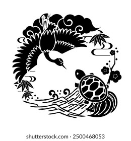 Japanese style round silhouette of a crane and a turtle