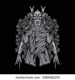Japanese style samurai with oni mask and flower illustration black and white
