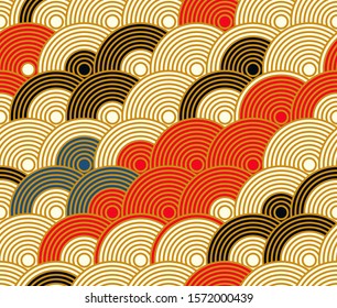 Japanese style scales waves seamless pattern in red gold ivory shades