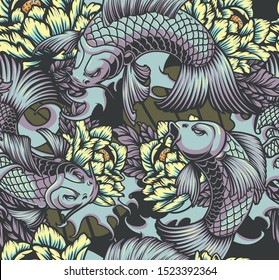 Japanese style seamless color pattern with koi carps, peonies, and waves. Ideal for textile printing