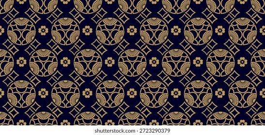 Modelo inconsútil del estilo japonés con las flores Abstractas de Sakura en fondo azul. Patrón sin fisuras en estilo japonés con flores de sakura geométricas abstractas sobre fondo azul. Diseño decorativo para textiles chinos del Año Nuevo, papel de regalo y estampados temáticos asiáticos festivos.