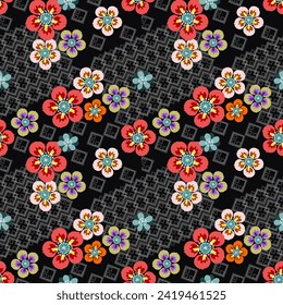 El estilo japonés combina a la perfección flores rojas, azules y rosas brillantes con un fondo negro. Para papel de tela y fondo de pared Papel de envolver de flor de primavera natural