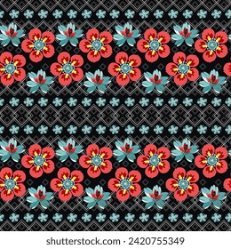 Japanese style seamless pattern of bright red, blue,  flowers on a black background. For fabric and wallpaper Natural Spring Flower Gift Wrapping Paper