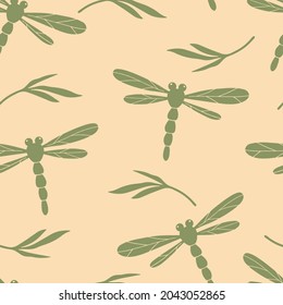 Japanese style seamless pattern with dragonfly and floral motif.