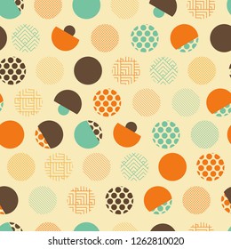 japanese style seamless pattern with eclectic dots in blue orange shades