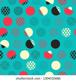 japanese style seamless pattern with eclectic dots in blue red ivory
