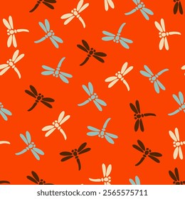 japanese style seamless pattern tile with dragonflies in red blue brown