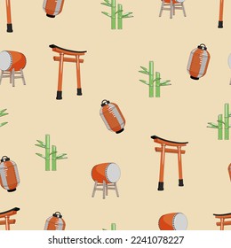 Japanese style seamless pattern with torii, bamboo taiko and lantern. Cartoon flat design for wallpapers, wrapping, textile prints, backgrounds.