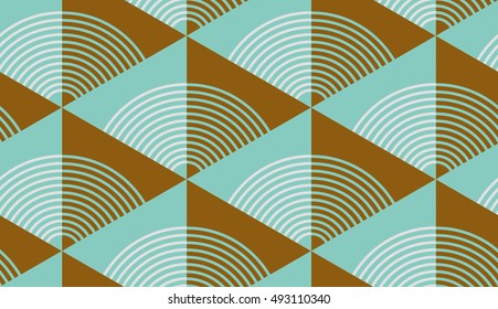 Japanese style seamless pattern with triangles and fan shapes in blue, brown and gray